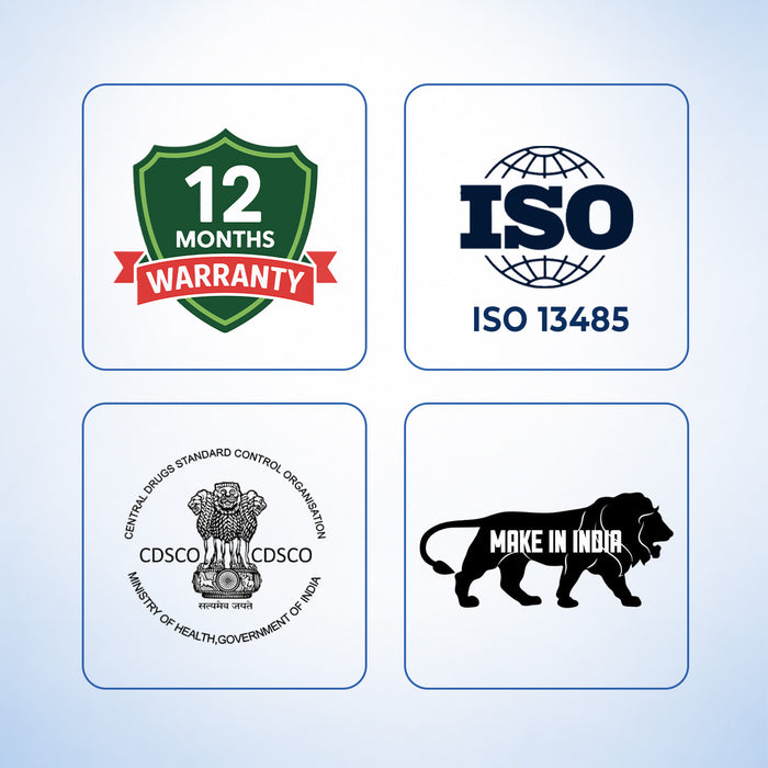 Four certification logos on a light blue background: 12 months warranty, ISO 13485, CDSCO logo, and 'Make in India' lion emblem.