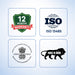 Four certification logos on a light blue background: 12 months warranty, ISO 13485, CDSCO logo, and 'Make in India' lion emblem.