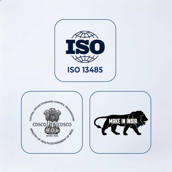 ISO 13485 certification logo, CDSCO logo, and 'Make in India' lion logo on a light blue background.