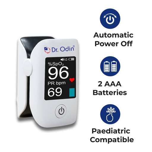 Dr. Odin pulse oximeter with features listed on a white background