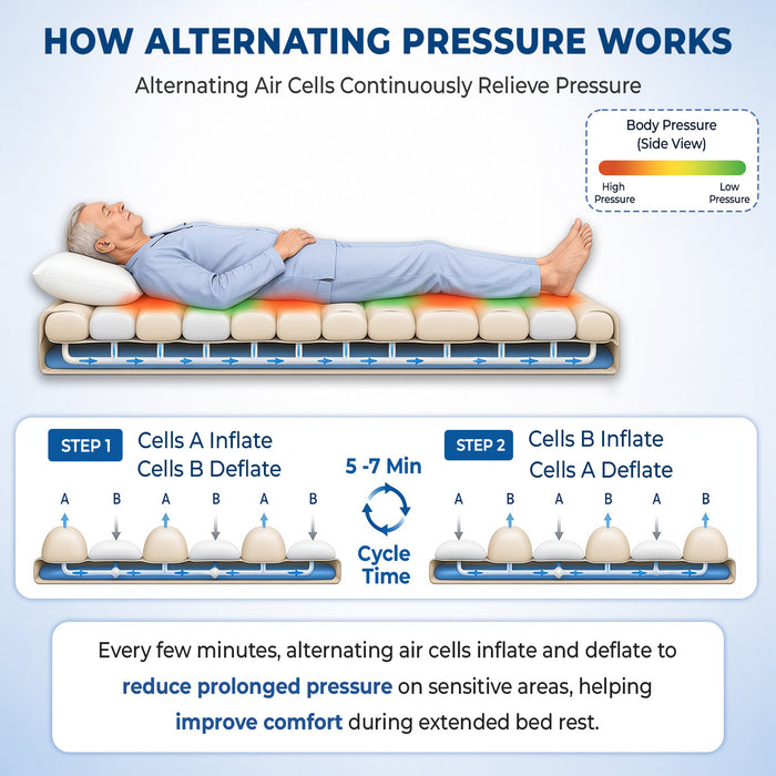 Diagram explaining how alternating pressure works on a mattress with a person lying on it.