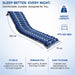 Blue air mattress with features highlighted on a light blue background