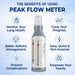 A Dr. Olay Peak Flow Meter shown on a light blue promotional graphic with text and icons about lung health, asthma management, and progress tracking.
