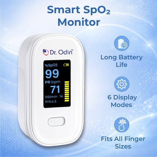 Dr. Odin Smart SpO2 Monitor on a blue gradient background with feature text.