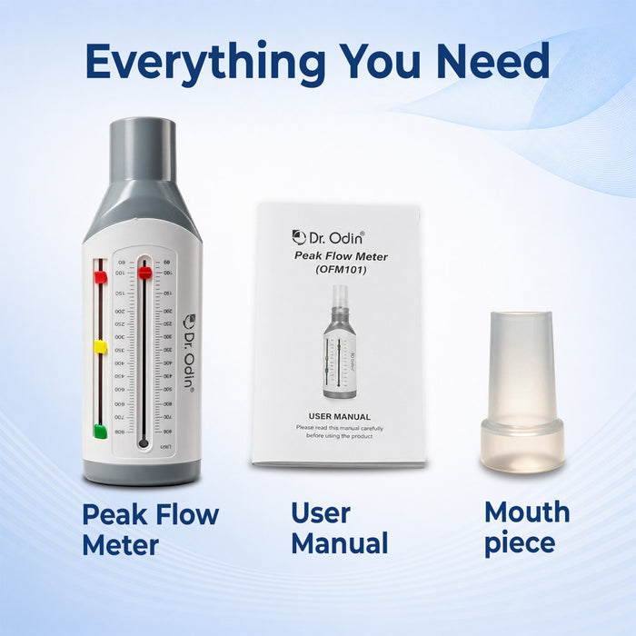 Dr. Odin Peak Flow Meter kit shown with its components on a light blue background: a gray and white peak flow meter bottle, a white user manual booklet, and a translucent mouthpiece.