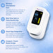 Finger oximeter with features listed on a blue background
