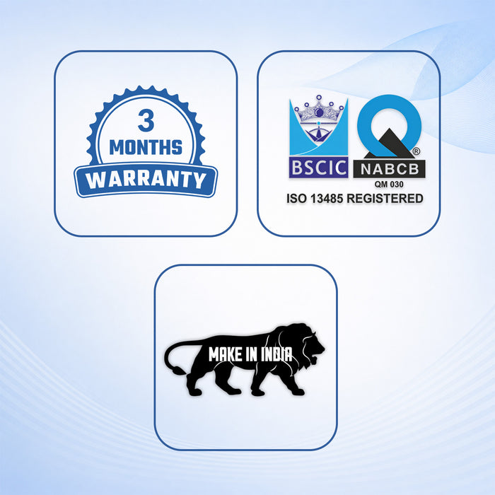 Three promotional badge graphics on a light blue background: a blue seal reading 3 MONTHS WARRANTY, a certification mark with BSCIC, NABCB, ISO 13485 REGISTERED, and a black lion silhouette with MAKE IN INDIA text.