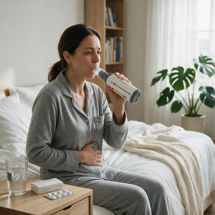 A woman in gray pajamas sits on a bed in a bright bedroom, drinking from a gray and white personal care device. A glass of water, a pill box, and a blister pack are on a wooden bedside table, with a bookshelf and a potted plant in the background.