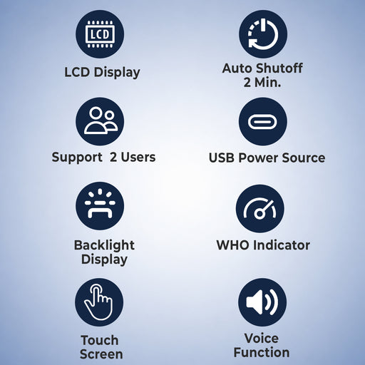 List of features with icons and text on a blue gradient background