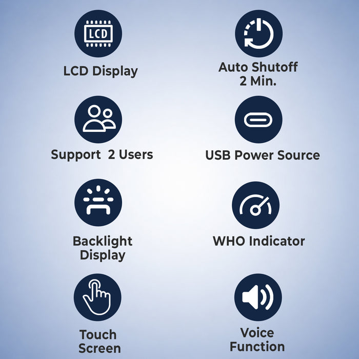 List of features with icons and text on a blue gradient background