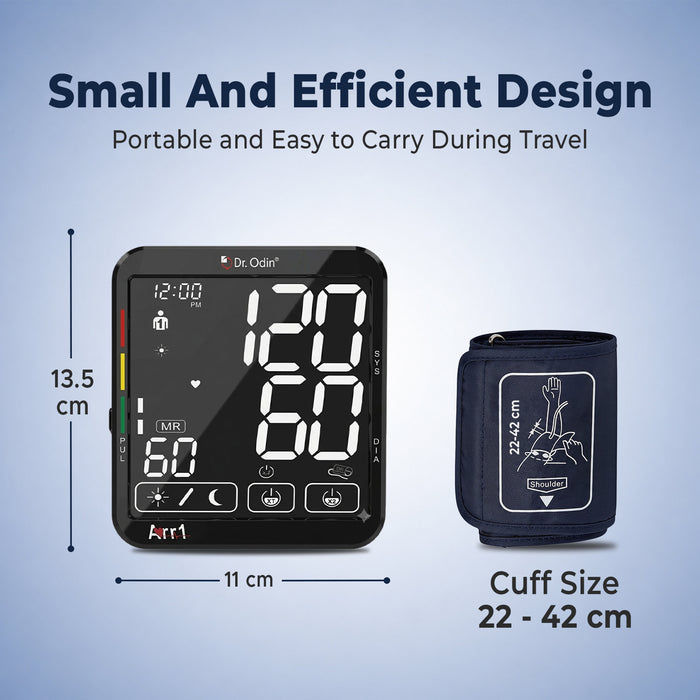 Blood pressure monitor with dimensions and cuff size information on a blue background