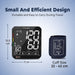 Blood pressure monitor with dimensions and cuff size information on a blue background