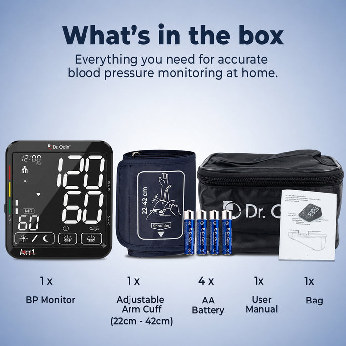 Dr. Oliver blood pressure monitor set with components listed on a blue background