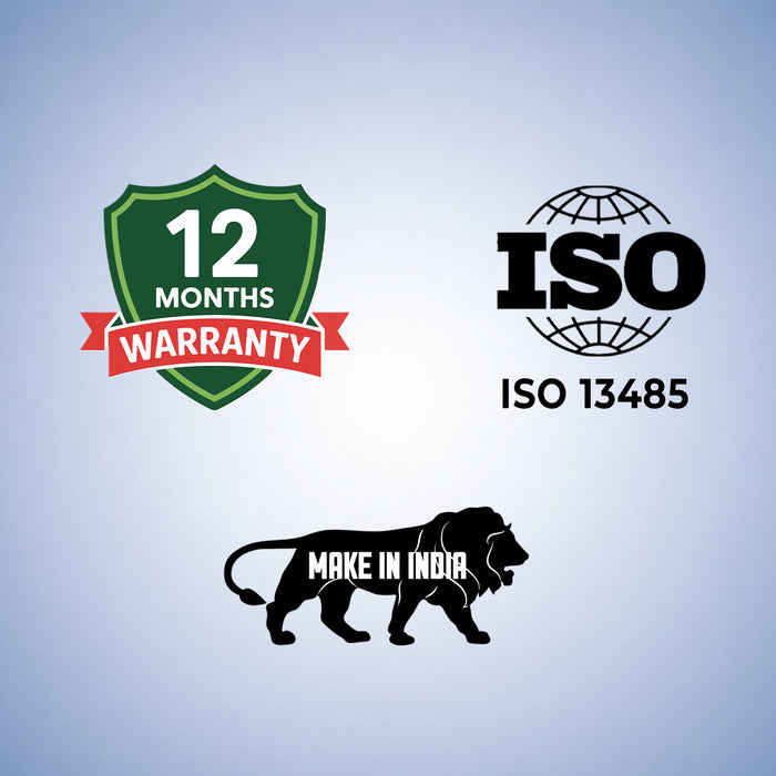 Logos for 12 months warranty, ISO 13485, and 'Make in India' on a light blue background