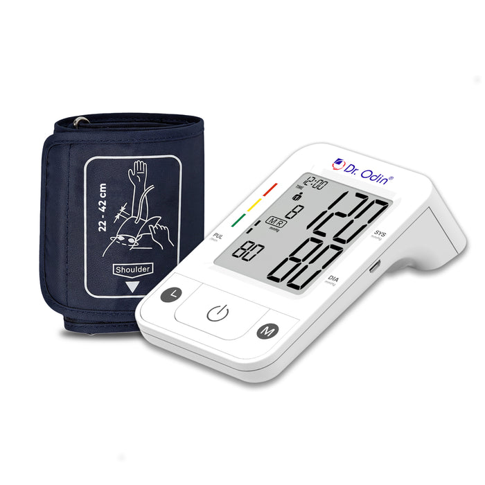Blood pressure monitor with cuff on a white background, brand 'Dr. Odin' visible