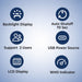 List of features with icons and text on a blue background