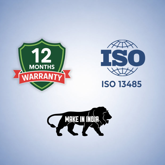 Logos for 12 months warranty, ISO 13485, and 'Make in India' on a light blue background