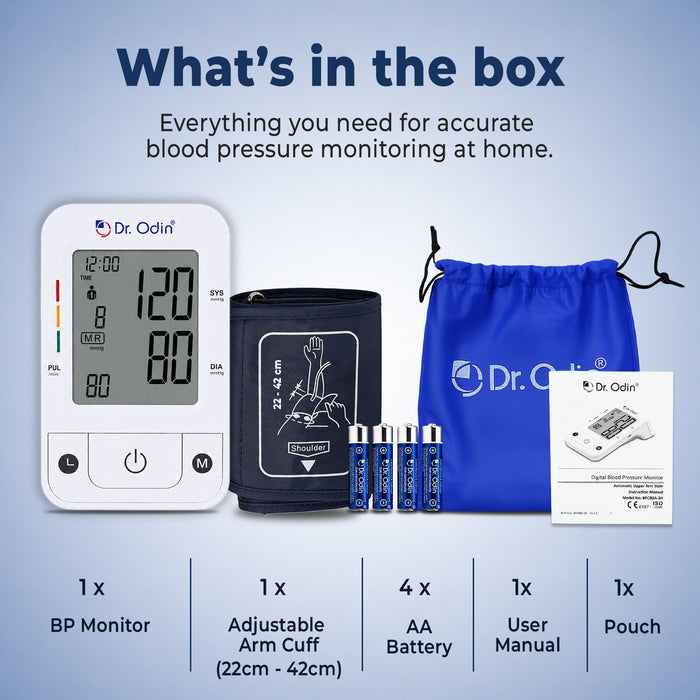 Dr. Odin blood pressure monitor set with arm cuff, batteries, user manual, and pouch on a blue background.