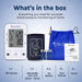 Dr. Odin blood pressure monitor set with arm cuff, batteries, user manual, and pouch on a blue background.