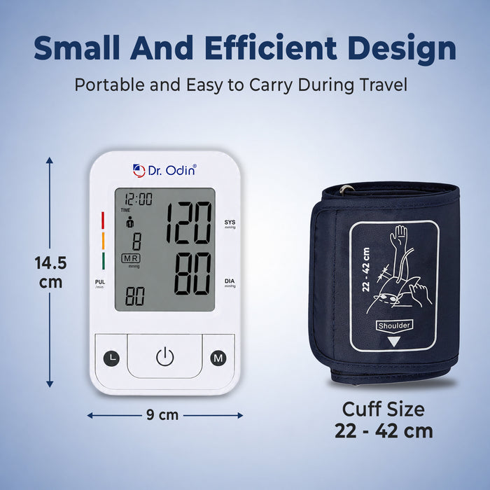 Blood pressure monitor with cuff, dimensions, and Dr. Odin branding on a blue background