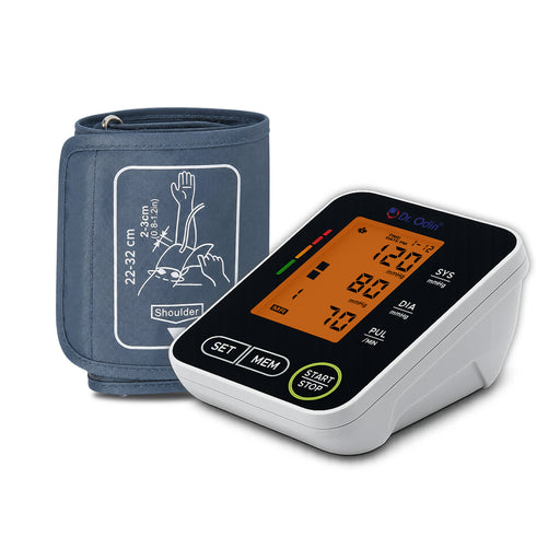 Blood pressure monitor with cuff on a white background