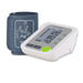 Blood pressure monitor with digital display and blue cuff on a white background