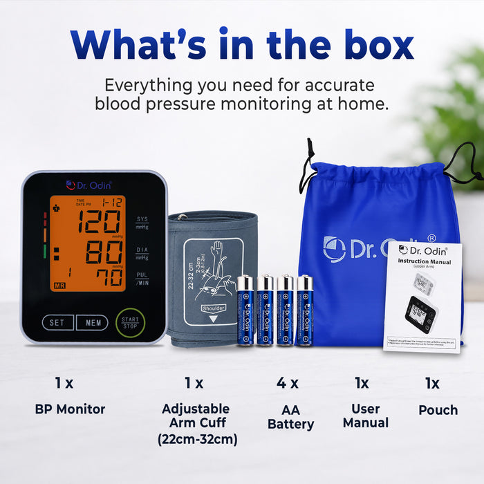 Dr. Odin blood pressure monitoring kit with monitor, arm cuff, batteries, manual, and pouch on a white background.