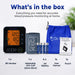 Dr. Odin blood pressure monitoring kit with monitor, arm cuff, batteries, manual, and pouch on a white background.