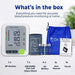 Dr. Odin blood pressure monitor set with arm cuff, batteries, and manual on a white background.