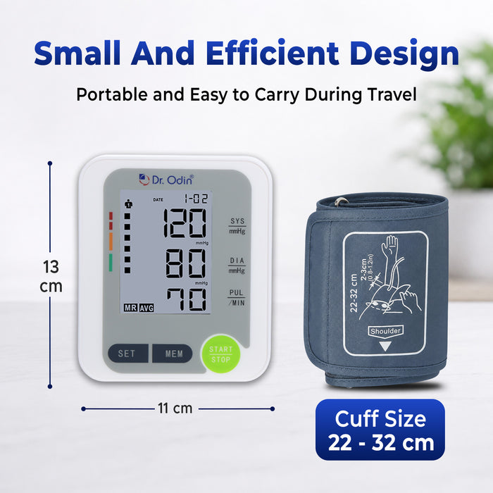 Dr. Odin blood pressure monitor with cuff, showing dimensions and ease of use on a white background.
