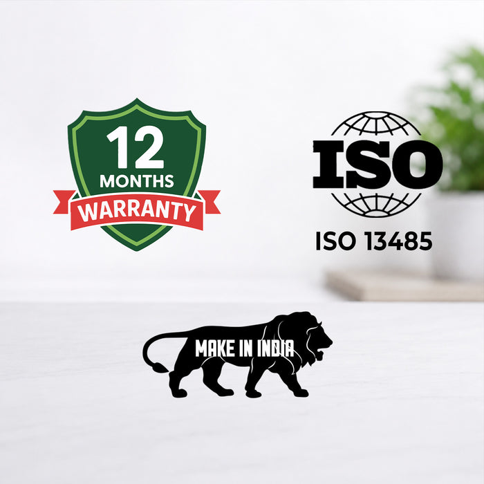 Three logos on a white background: 12 months warranty, ISO 13485, and 'Make in India' lion emblem.