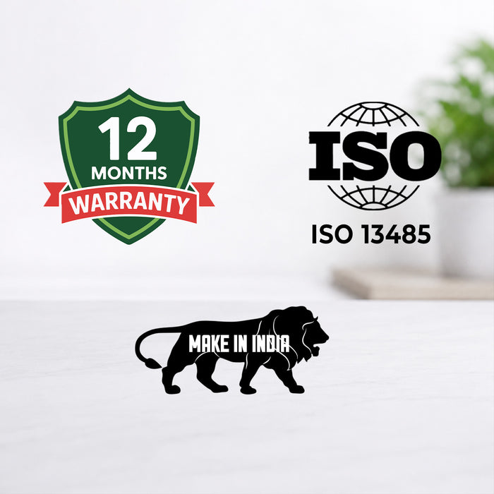 Three logos on a white background: 12 months warranty, ISO 13485, and 'Make in India' lion.