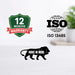 Three logos on a white background: 12 months warranty, ISO 13485, and 'Make in India' lion.