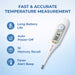 Digital thermometer with features listed on a blue background