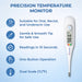 Digital thermometer with features listed on a blue background