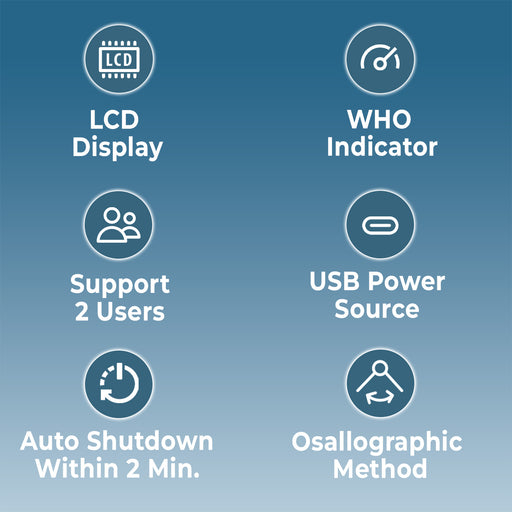 List of features with icons and text on a blue background