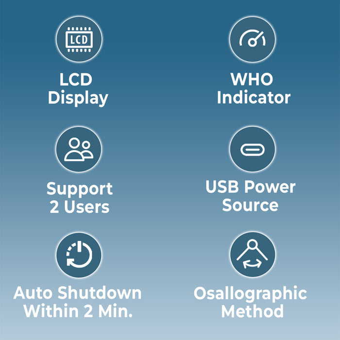 List of features with icons and text on a blue background
