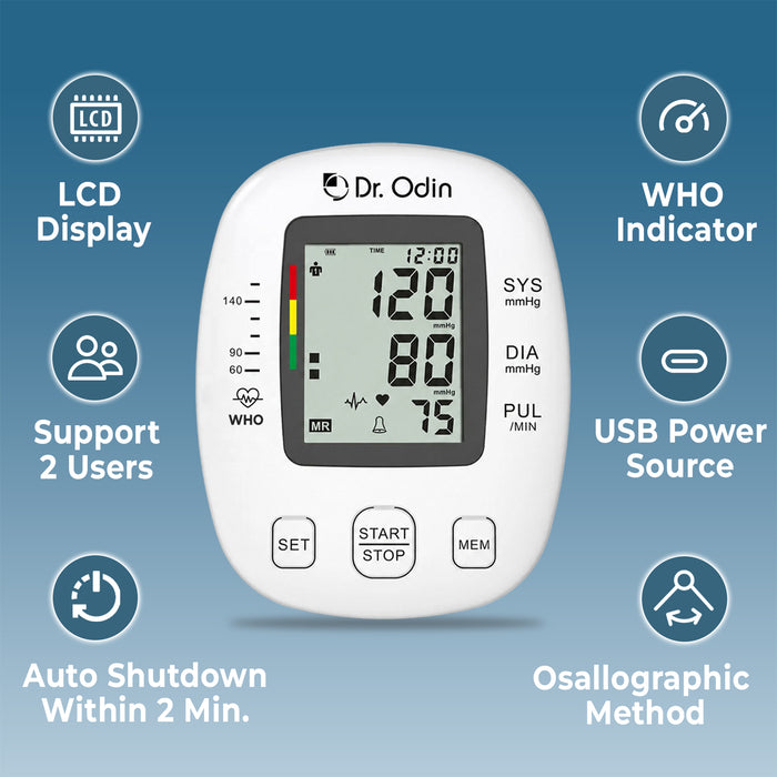 Dr. Odin blood pressure monitor with features listed on a blue background