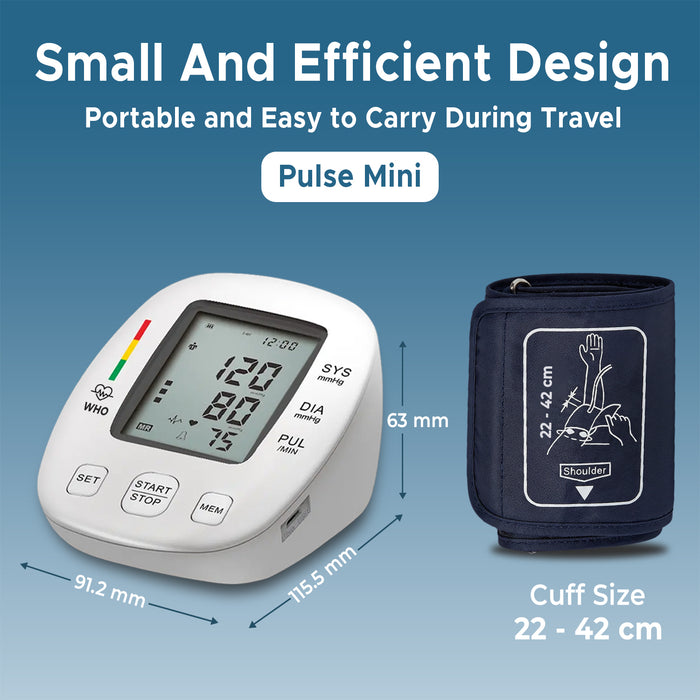 Blood pressure monitor with cuff, showing dimensions and text about portability.