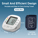 Blood pressure monitor with cuff, showing dimensions and text about portability.