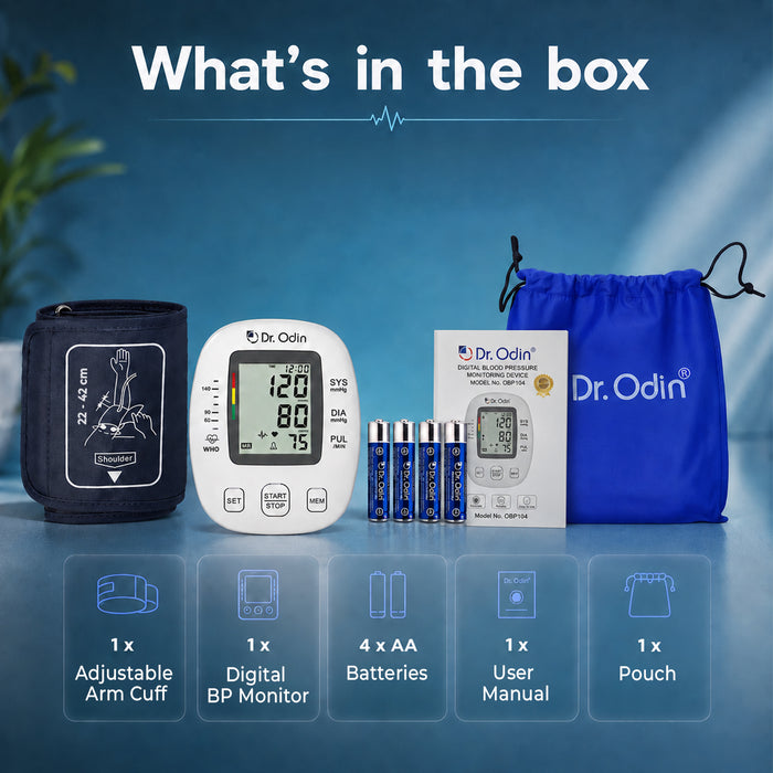 Dr. Odin blood pressure monitor set with arm cuff, digital monitor, batteries, user manual, and pouch on a blue background.