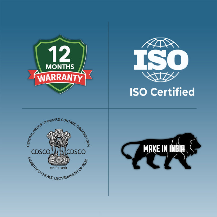 Four logos on a blue background: 12 months warranty, ISO certification, CDSCO logo, and 'Make in India' tiger.