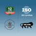 Four logos on a blue background: 12 months warranty, ISO certification, CDSCO logo, and 'Make in India' tiger.