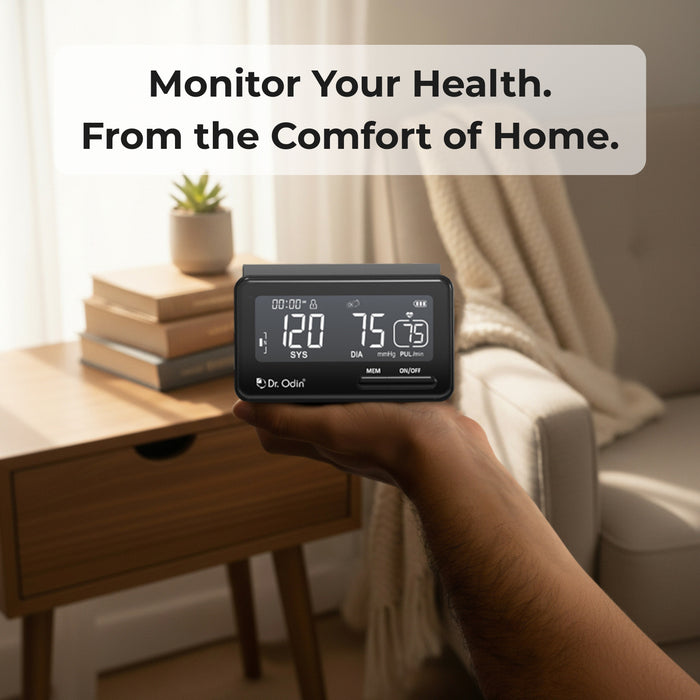 Hand holding a digital blood pressure monitor with text 'Monitor Your Health. From the Comfort of Home.' in a home setting.