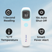 Infrared thermometer with features listed on a blue background