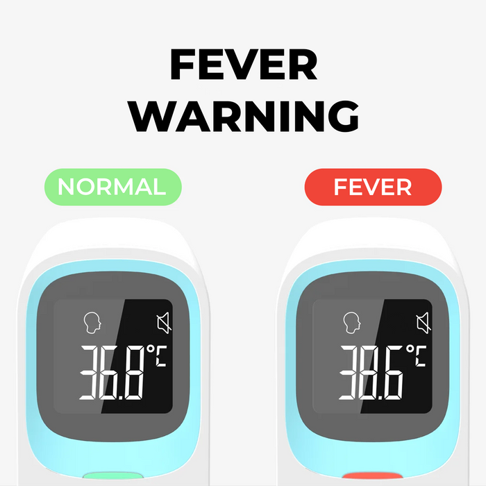 Digital thermometer showing normal and fever readings on a white background