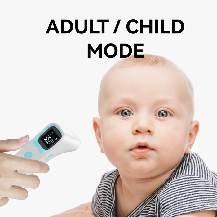 Baby with a digital thermometer and text 'Adult/Child Mode' on a white background