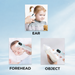 Infrared thermometer being used on a child's ear, forehead, and held as an object against a light blue background.