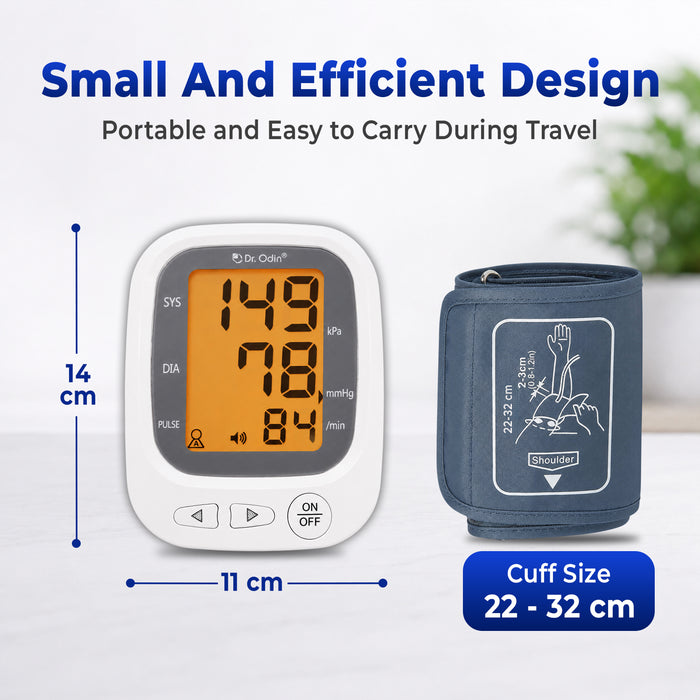 Blood pressure monitor with digital display and cuff, labeled 'Small And Efficient Design'.