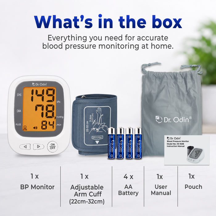 Dr. Odin blood pressure monitor set with arm cuff, batteries, pouch, and user manual on a white background.